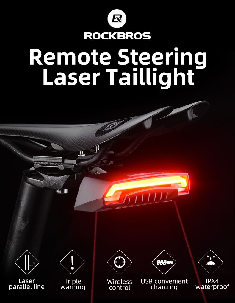 ROCKBROS LKWD-R1 Sykkellys Smart USB-LED med trådløs fjernkontroll for blinklys laserprojektor for sykkelsikkerhet