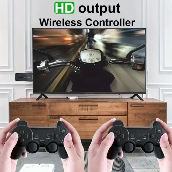 M8 videospillkonsoll med doble 2,4G trådløse kontrollere, 10000 retrospillbibliotek, PS1, Atari, 64G-modell