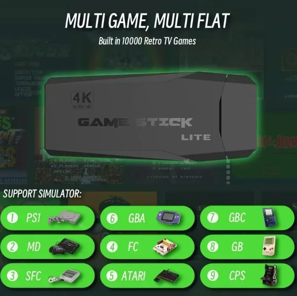 M8 videospillkonsoll med doble 2,4G trådløse kontrollere, 10000 retrospillbibliotek, PS1, Atari, 64G-modell