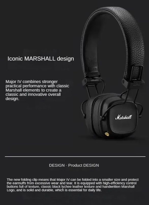 Marshall Major IV Bluetooth-hodetelefoner Klassisk estetikk signaturlyd dyp bass trådløs lading