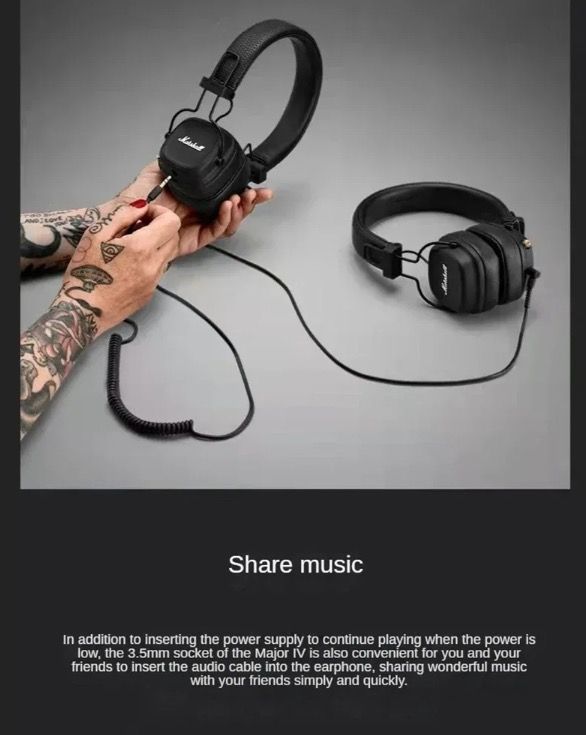 Marshall Major IV Bluetooth-hodetelefoner Klassisk estetikk signaturlyd dyp bass trådløs lading