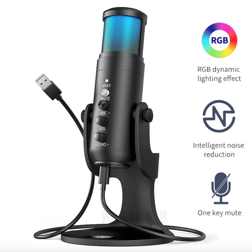 MU900PRO RGB USB-mikrofon for streaming med dynamisk RGB-belysning og kardioid opptaksmønster for høy lydkvalitet