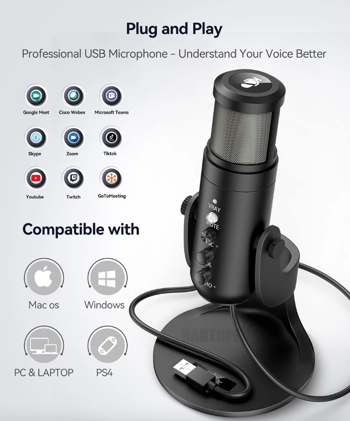 MU900PRO RGB USB-mikrofon for streaming med dynamisk RGB-belysning og kardioid opptaksmønster for høy lydkvalitet