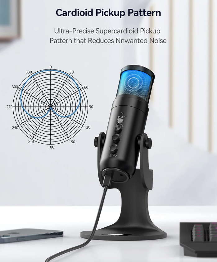 MU900PRO RGB USB-mikrofon for streaming med dynamisk RGB-belysning og kardioid opptaksmønster for høy lydkvalitet