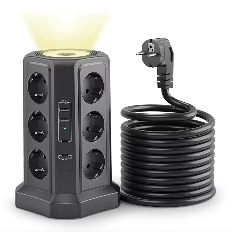 XT-G3211 Strømfordeler 4000W 16A | Overspenningsvern USB-lader Nattlys | EU Multi-Plugg Hjemmekontor