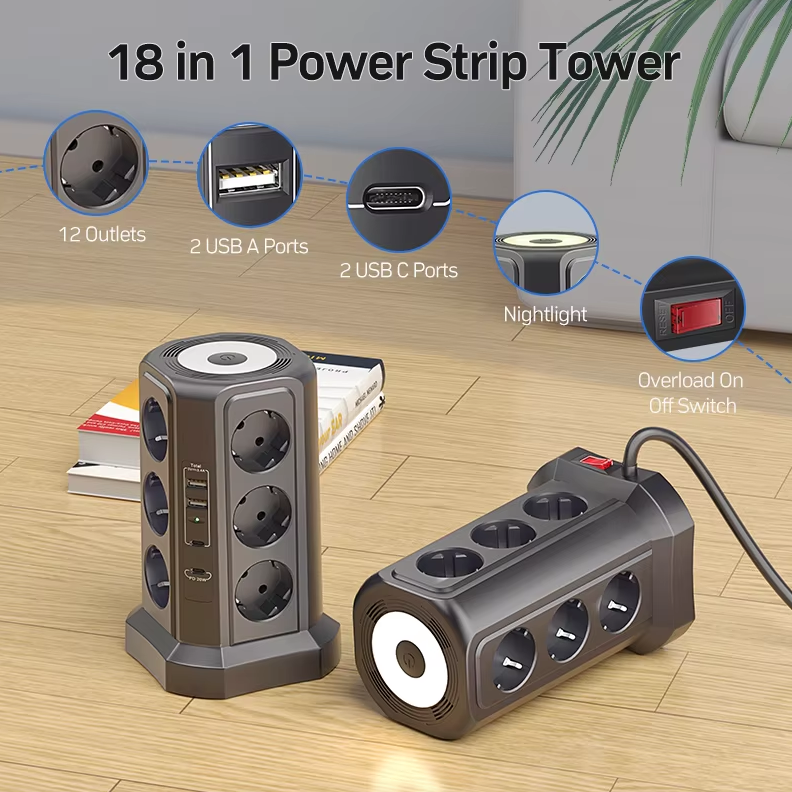 EU flerkontakts overspenningsvern 4000W 16A med USB-port, flerkontakt med nattlys