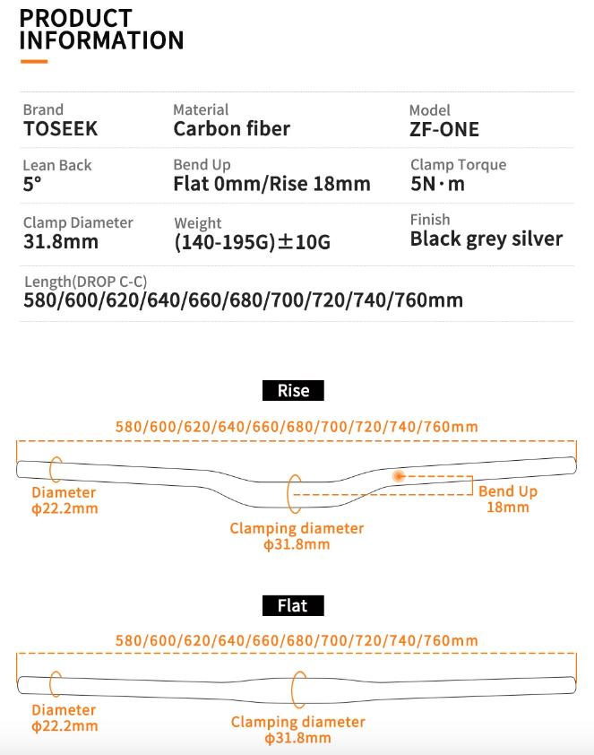 TOSEEK ZF-ONE MTB Carbon-styre 31.8mm Lettvekt Matt Svart 580mm 760mm Ergonomisk design Premium kvalitet
