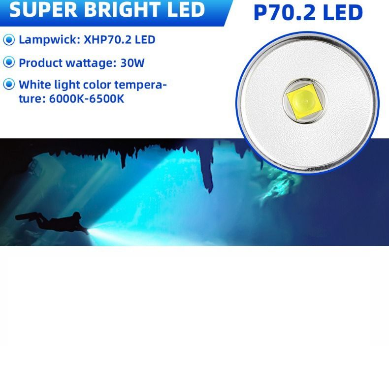 P70 dykkerlommelykt, dykkerlykt 5000 lumen superlyssterk lykt, IPX8 undervanns vanntett nattdykkerlykt 200 meter nedsenkbar lykt