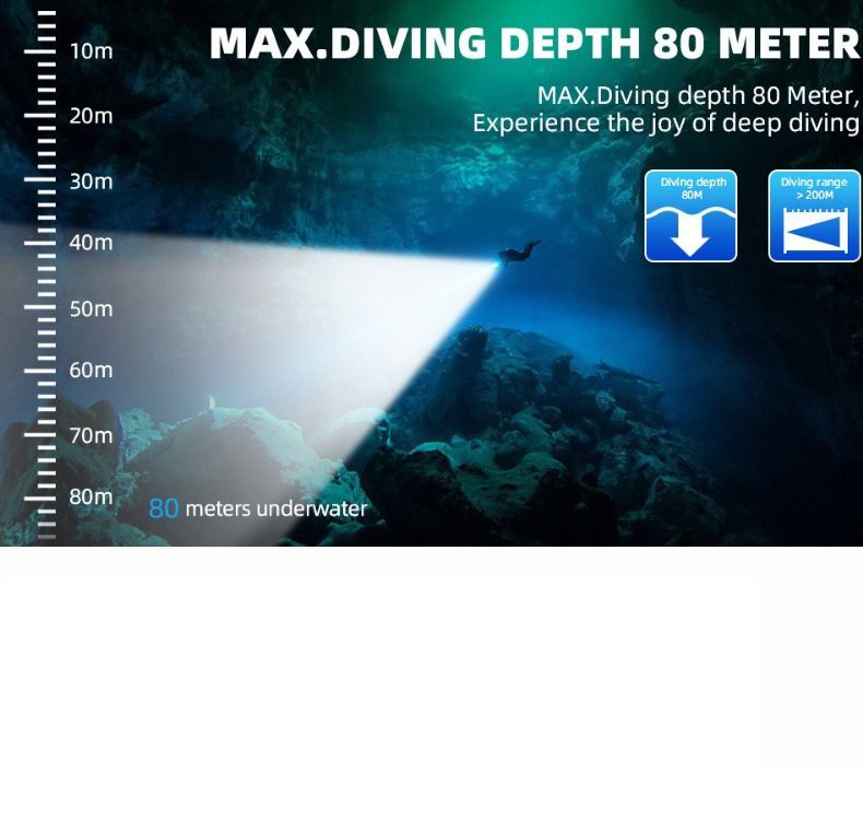P70 dykkerlommelykt, dykkerlykt 5000 lumen superlyssterk lykt, IPX8 undervanns vanntett nattdykkerlykt 200 meter nedsenkbar lykt