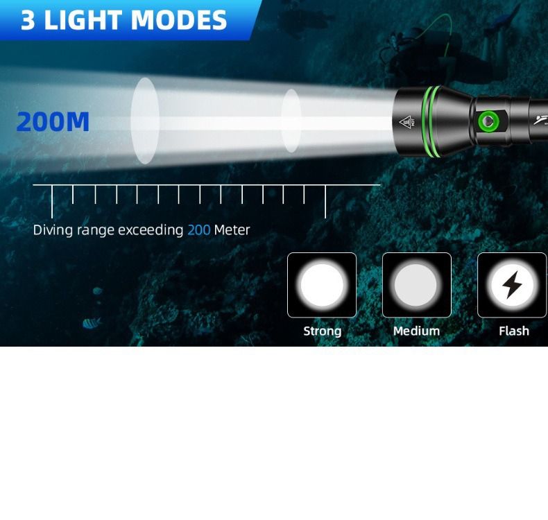 P70 dykkerlommelykt, dykkerlykt 5000 lumen superlyssterk lykt, IPX8 undervanns vanntett nattdykkerlykt 200 meter nedsenkbar lykt
