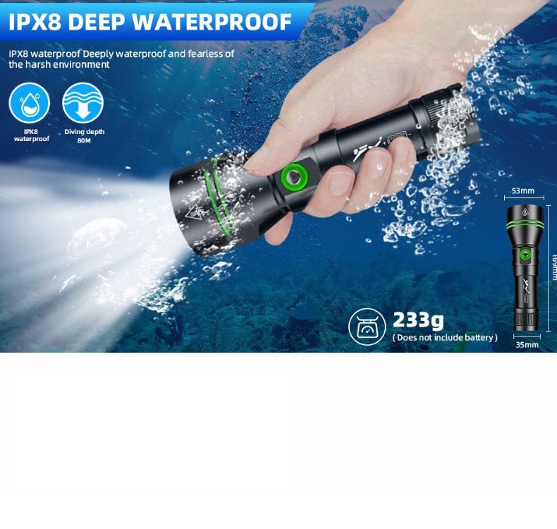 P70 dykkerlommelykt, dykkerlykt 5000 lumen superlyssterk lykt, IPX8 undervanns vanntett nattdykkerlykt 200 meter nedsenkbar lykt