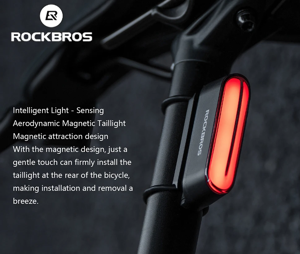 ROCKBROS Magnetisk sykkelbaklys IPX6 vanntett 7 moduser Smart sensor Natt sikkerhetsvarsellys Sykkeltilbehør