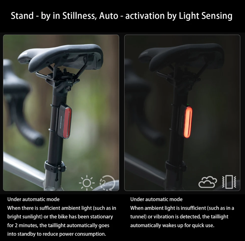 ROCKBROS Magnetisk sykkelbaklys IPX6 vanntett 7 moduser Smart sensor Natt sikkerhetsvarsellys Sykkeltilbehør