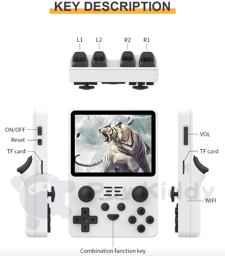 POWKIDDY RGB20S Håndholdt spillkonsoll for retrospilling med RK3326 3,5 tommers skjerm og spillemulatorer for N64 og PS1