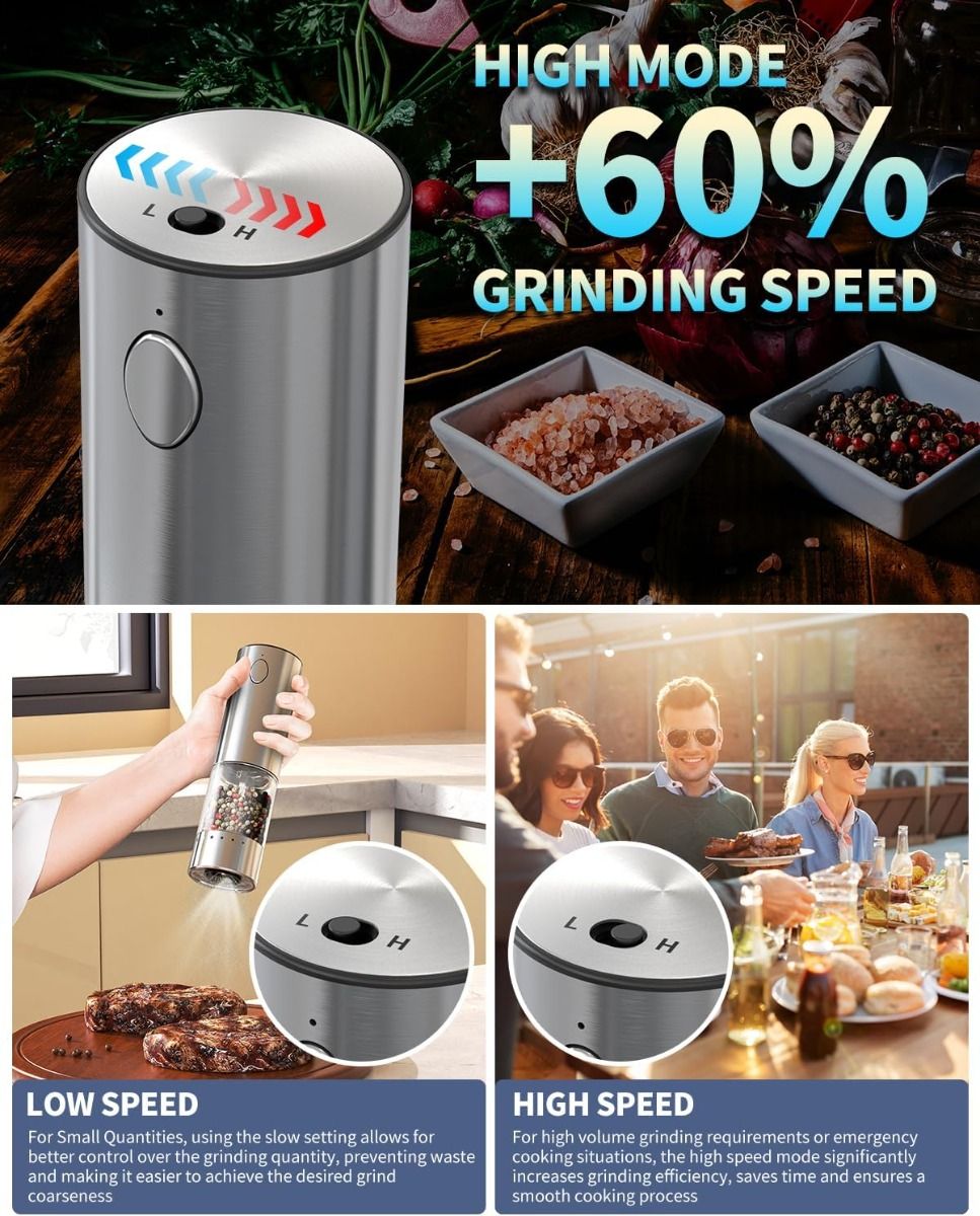 Elektrisk Salt- og Pepperkvern Sett, Oppladbar Rustfritt Stål 2-Hastighets Kvern m/ Ladebase, Gaveidé.