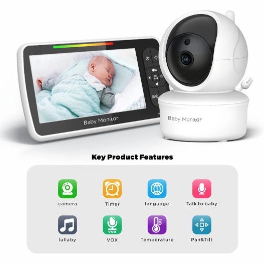 5-tommers babymonitor SM650 med HD 720P video, langvarig batteri, toveis lyd og bærbar spedbarnsovervåking