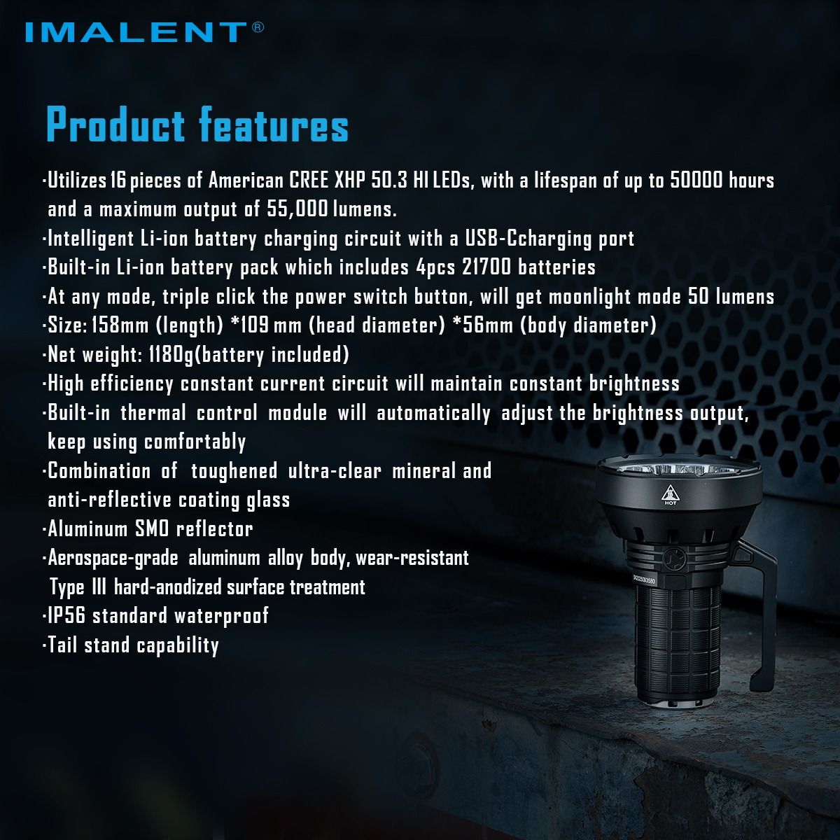 IMALENT SR16 55000 Lumen langstrålende lommelykt 1715 meter LED-lommelykt