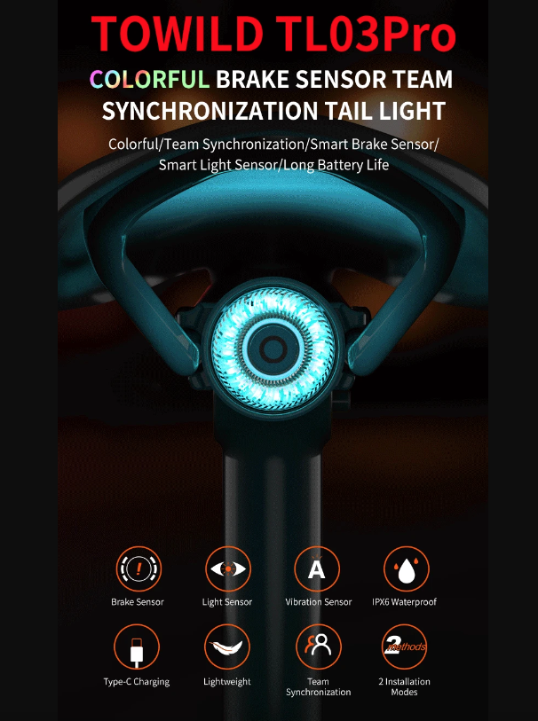 TOWILD TL03Pro LED-sykkelbaklys med smart bremsesensor, syvfarget blink, slitesterkt sykkeltilbehør