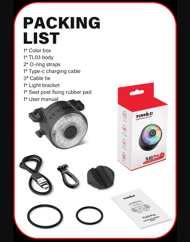 TOWILD TL03Pro LED-sykkelbaklys med smart bremsesensor, syvfarget blink, slitesterkt sykkeltilbehør