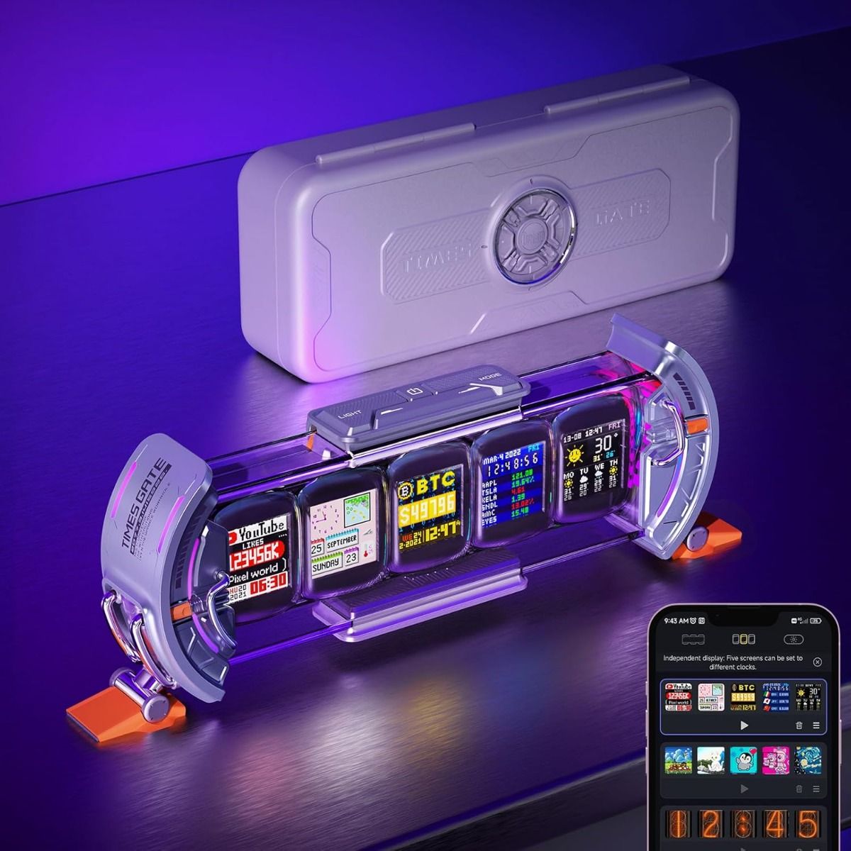 Divoom Times Gate Cyberpunk Vekkerklokke: Pikselkunst, Smart-App & Bitcoin-dashbord. Perfekt for gamingoppsett!