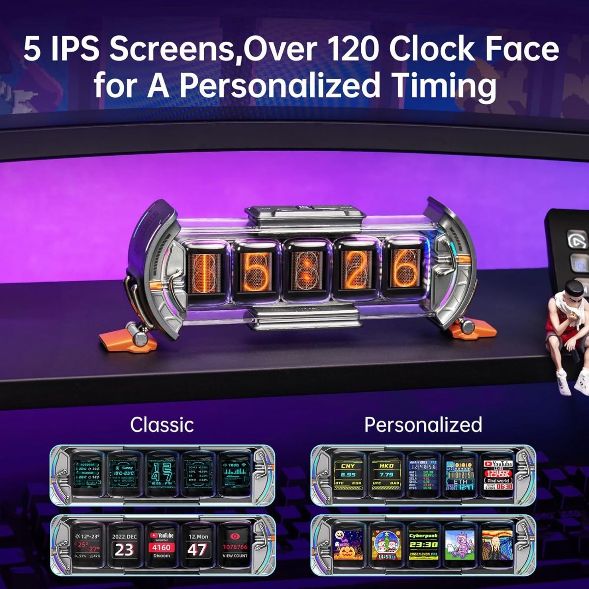 Divoom Times Gate Cyberpunk Vekkerklokke: Pikselkunst, Smart-App & Bitcoin-dashbord. Perfekt for gamingoppsett!
