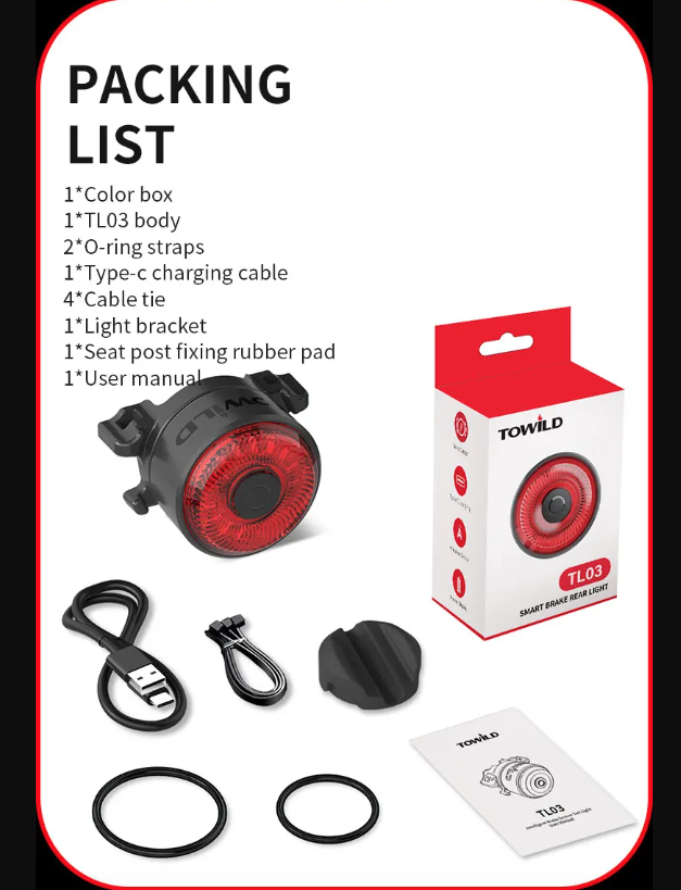 TOWILD TL03 Sykkel Smart Auto Bremsesensorlys LED Baklys Sykkeltilbehør med fem blinkemoduser