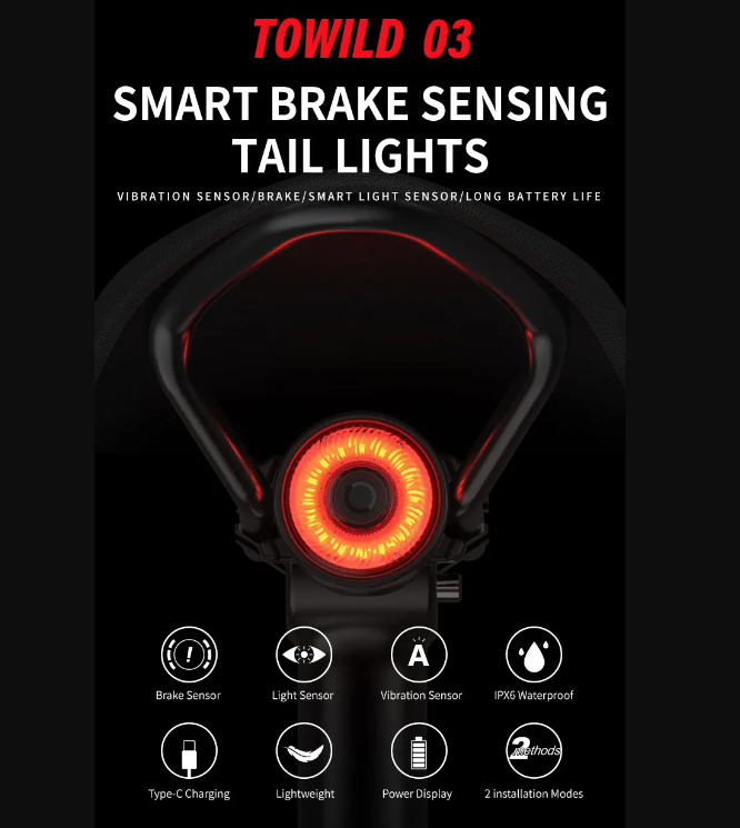 TOWILD TL03 Sykkel Smart Auto Bremsesensorlys LED Baklys Sykkeltilbehør med fem blinkemoduser