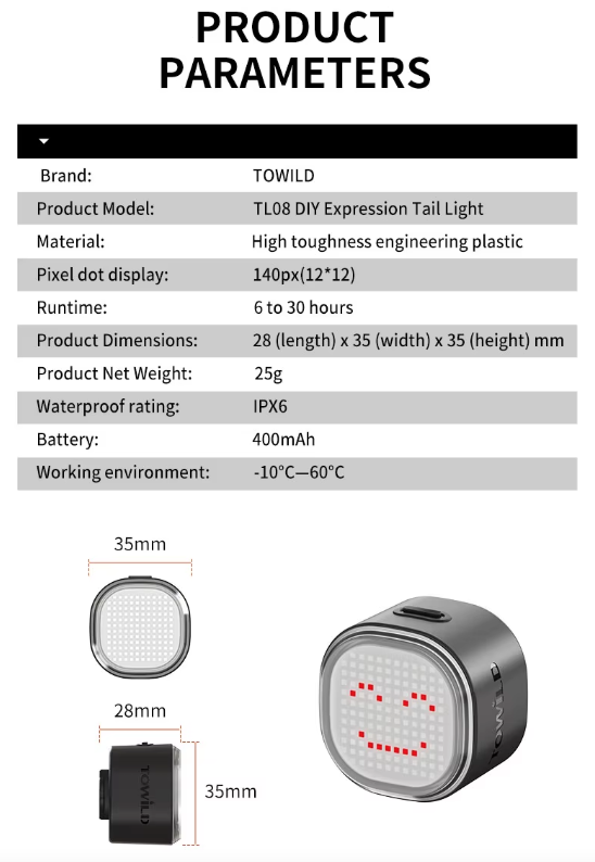TOWILD TL08 Sykkel Baklys, Tilpassede Mønstre Fullfarge Sykkel Baklys, Bremsesensor, USB-C Oppladbar Sykkel Baklys