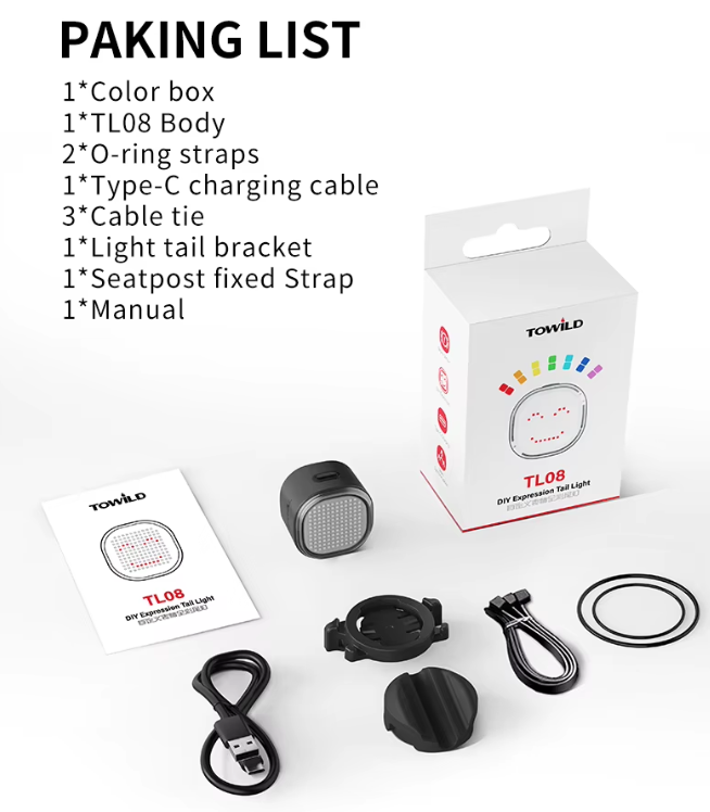 TOWILD TL08 Sykkel Baklys, Tilpassede Mønstre Fullfarge Sykkel Baklys, Bremsesensor, USB-C Oppladbar Sykkel Baklys