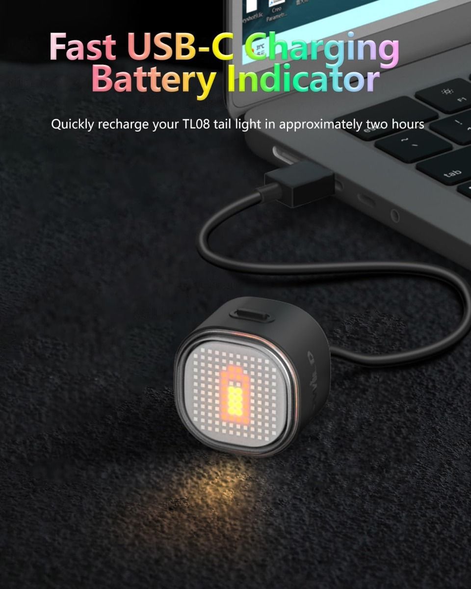 TOWILD TL08 Sykkel Baklys, Tilpassede Mønstre Fullfarge Sykkel Baklys, Bremsesensor, USB-C Oppladbar Sykkel Baklys