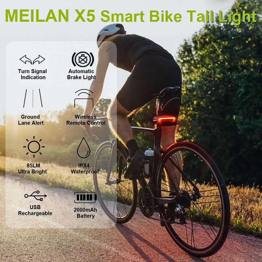 Meilan X5 Smart sykkel baklys med blinklys og automatisk bremselys, trådløs fjernkontroll sykkel baklys, USB oppladbar sikkerhetsvarslingssykkellys