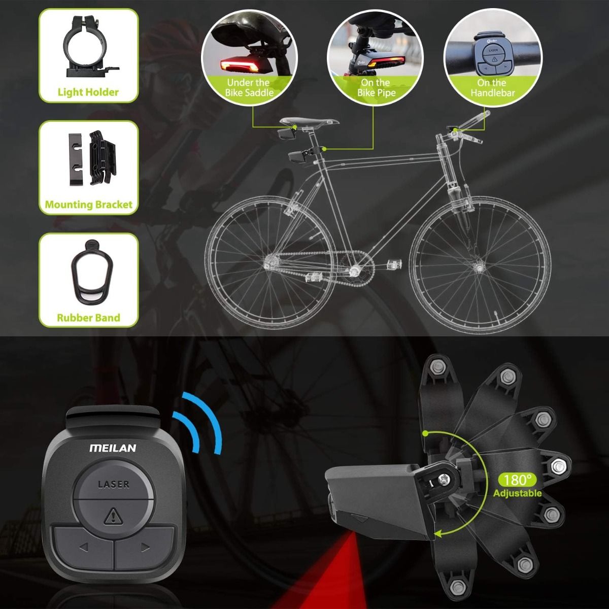 Meilan X5 Smart sykkel baklys med blinklys og automatisk bremselys, trådløs fjernkontroll sykkel baklys, USB oppladbar sikkerhetsvarslingssykkellys