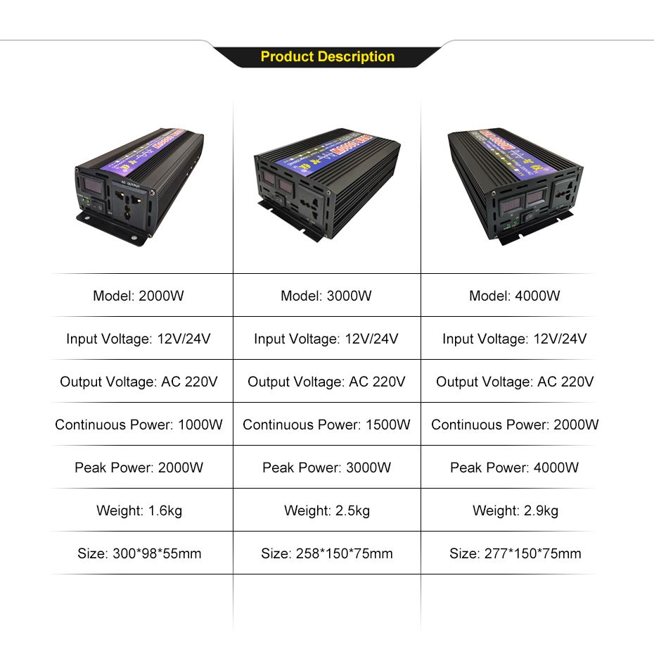 Ren sinusbølgeomformer 2000W 3000W 4000W LED-skjerm for følsom elektronikk, hjemmebackup, camping